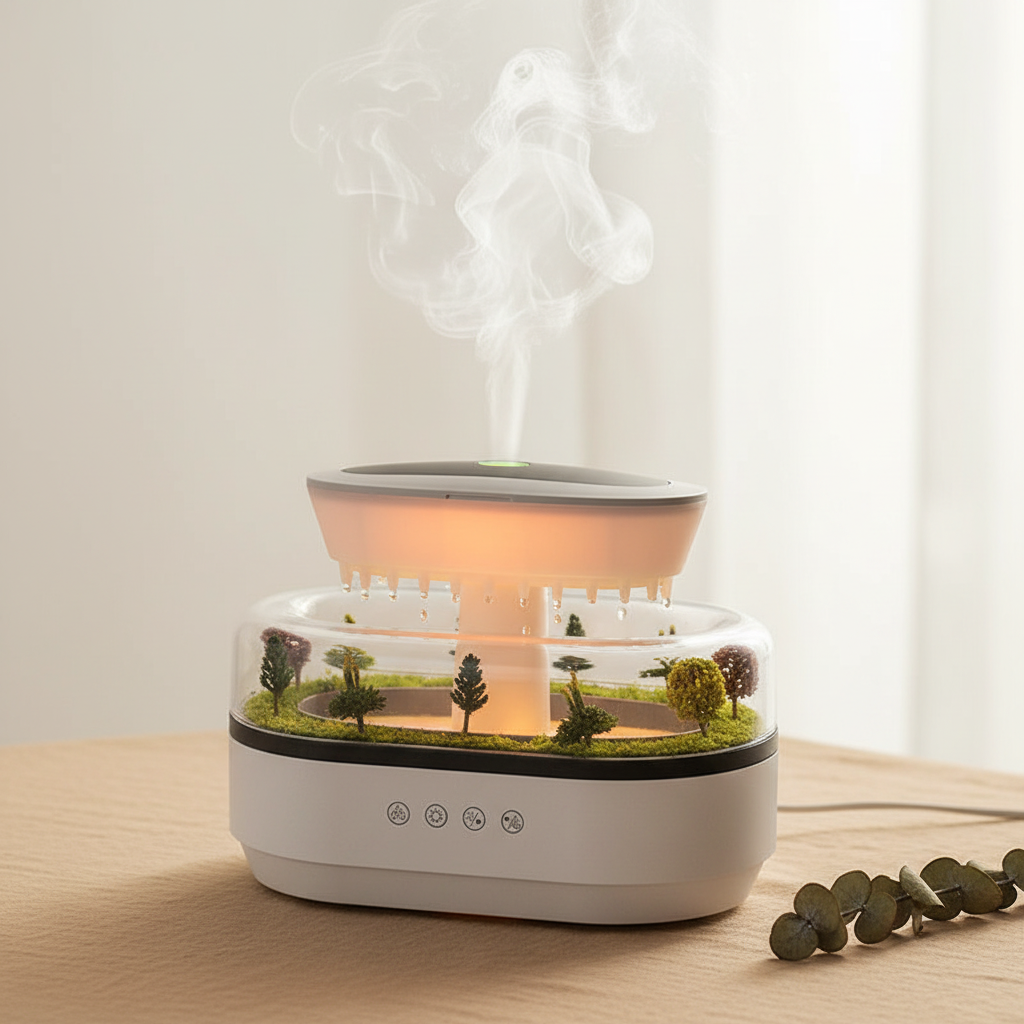 MistDrop Aroma Diffuser with soft mist and LED glow on beige background
