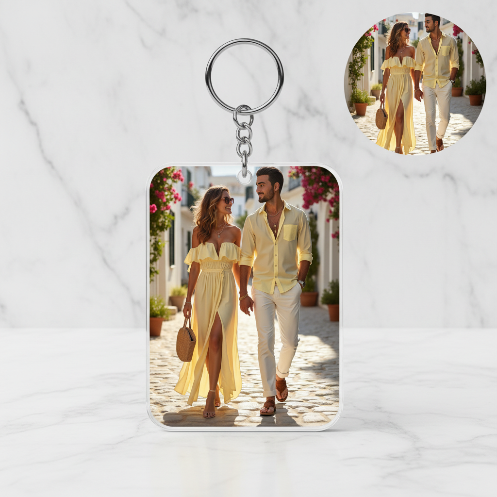 Personalized couple keychain - Mediterranean yellow outfit