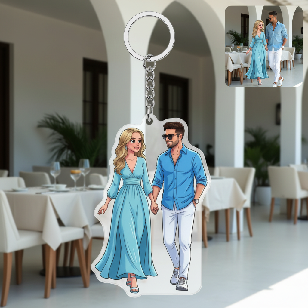 Personalized couple keychain - romantic blue outfit